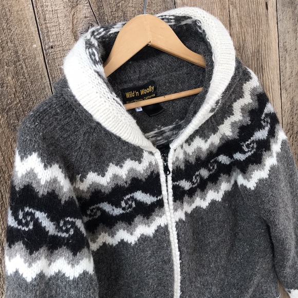 VTG 90s Wild'n Woolly Fair Isle Pattern Zip Up Hooded Cardigan Sweater, M-L - Picture 2 of 7